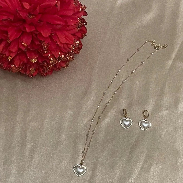 Pearl Heart Earrings & Necklace